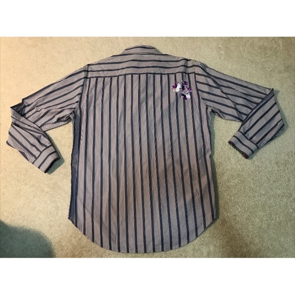 Robert Graham Dress Shirt Stripes Embroidered Purple Flower Flip Cuff Men Size L - Picture 9 of 12